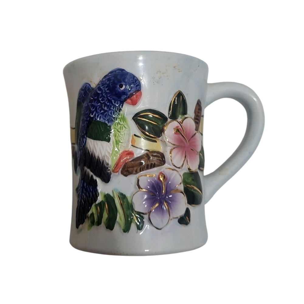Vintage Embossed Tropical Bird & Flower Mug